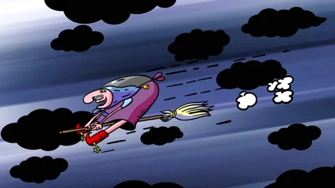Violet witch on whisk broom flying on clouds background Stock Footage 237572992