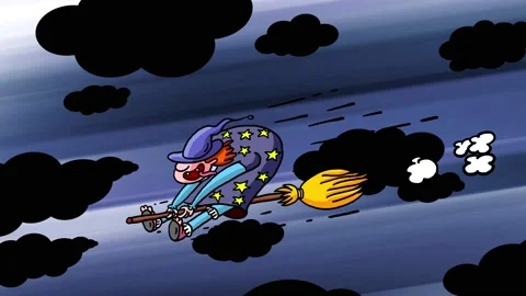 Violet witch on whisk broom flying on clouds background Stock Footage 237655881