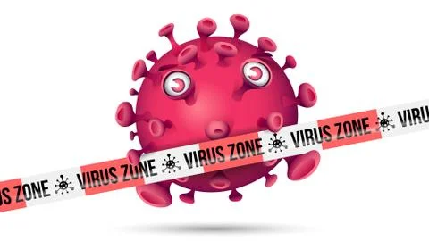 Violett roter Virus mit rot-weissem Absperrband und Aufschrift - Virus Zone Stock Illustration