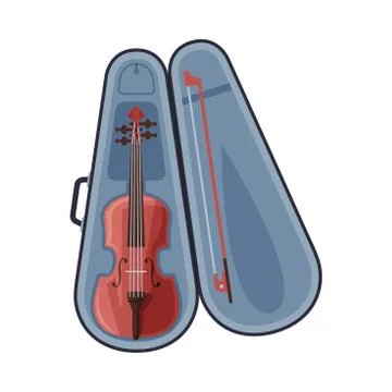Violin and Bow in Case, Classical String Musical Instrument Flat Style Vector Stock Illustration