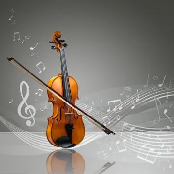 Violin and fiddle stick with musical notes Stock Photos