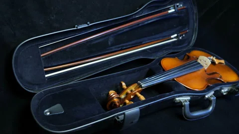 A violin and two bows in a case lie on black velvet Stock Footage 121587565