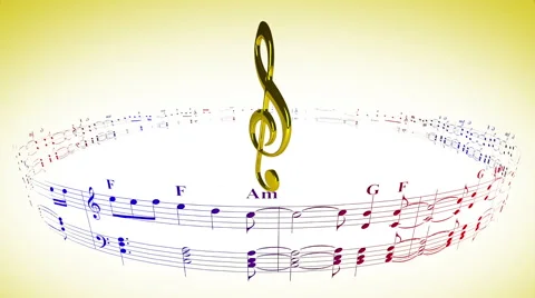 Violin clef rotating with music sheets, loop Stock Footage 58865657