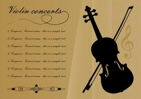 Violin concerts program template with black violin silhouette, sample text Stock Illustration