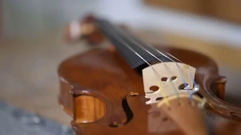 Violin maker studio focus changing on musical instrument Stock Footage 75951938