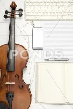 Violin With Music Paper Note Notebook And Smart Phone