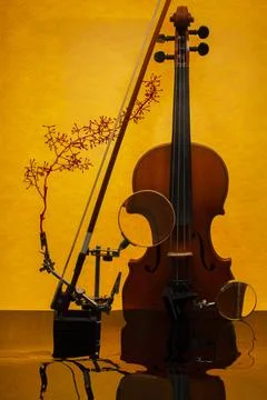 Violin on orange background with reflective surface. Sultry music Stock Photos