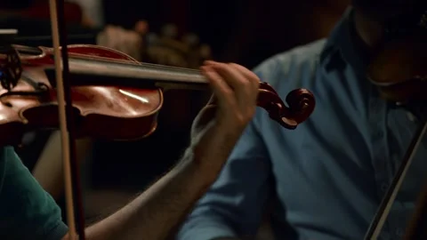 Violin play close-up, classical jazz orchestra, musical concert footage. Stock Footage 285506483