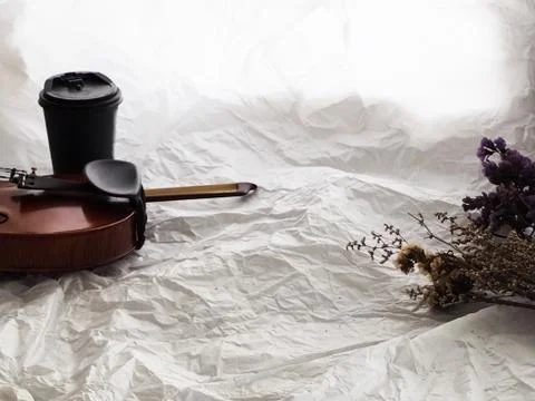 Violin put at the left side of background,beside takeaway coffee cup.dried fl Stock Photos