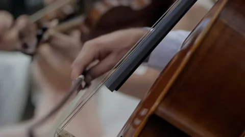 A violin Quartet plays at the event. Close up of a musician playing the cello Stock Footage 140647886