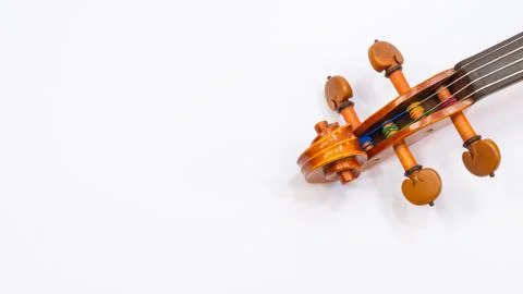 Violin scroll with tuning pegs close up Stock Photos