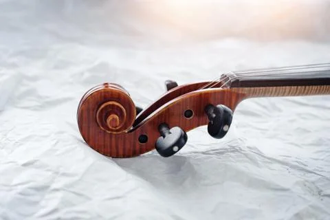 Violin scroll,pegbox and neck on background,blurry light design background Stock Photos