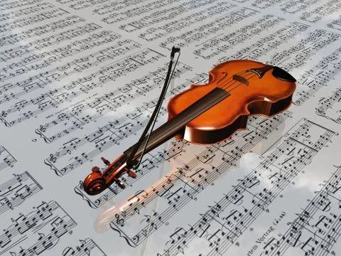 Violin on sheet music backdrop with clouds reflecting Stock Illustration