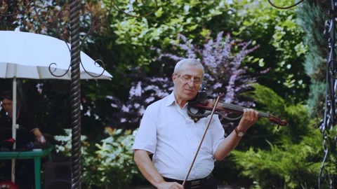 A violinist performs on the street, an old man plays the violin Stock Footage 222355015