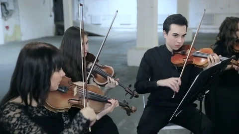 Violinists playing music in hall Stock Footage 73637065