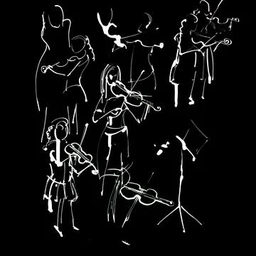 Violinists playing the violin on a black background. hand-drawn white ink i.. Illustrazione stock