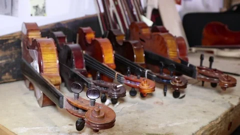 Violins  in a luthier shop Stock Footage 83446591