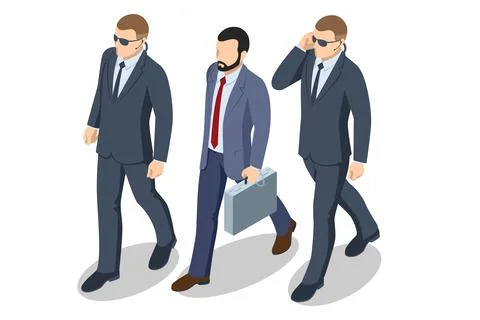 VIP with bodyguards. Isometric VIP arrival scene, bodyguards. Security escort Stock Illustration