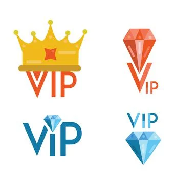 VIP Flat Design Logos. 4 VIP Logos. Crown And Diamonds Icon Stock Illustration
