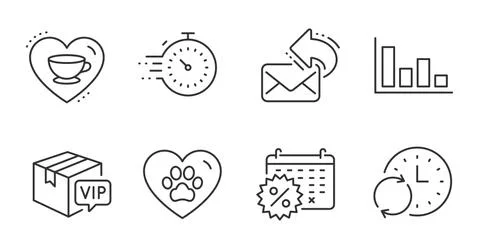 Vip parcel, Update time and Calendar discounts icons set. Share mail, Timer and Stock Illustration