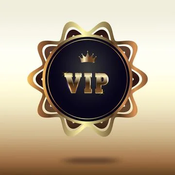 VIP pass in gold setting with a crown. The button is golden with a black back Stock Illustration