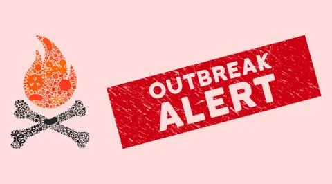 Viral Collage Death Bones Flame Icon with Textured Outbreak Alert Seal Stock Illustration