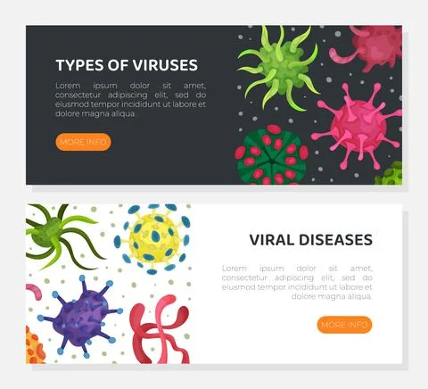 Viral diseases web banners set. Types of viruses, bacteriological microorganisms Stock Illustration
