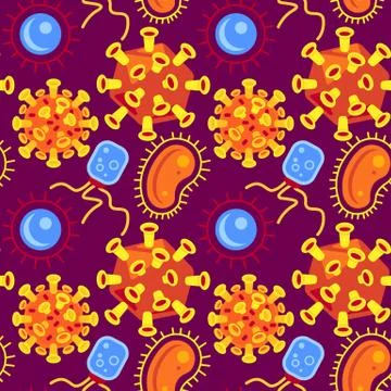 Viral seamless pattern on violet backdrop for wrapping paper. Illustrazione stock