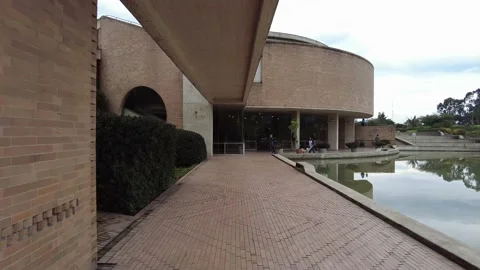 Virgilio Barco Public Library in Bogota, brick building with a water mirror Stock Footage 171896953