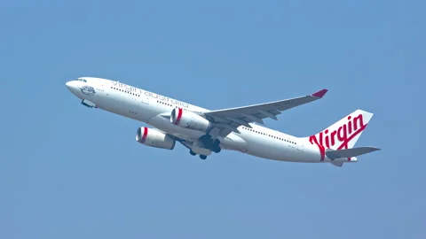 Virgin Australia A330 Taking Off from SYD Sydney International Airport Stock Footage 143824566