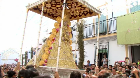 Virgin del Rocio procession through the streets of Almonte Stock Footage 44207357