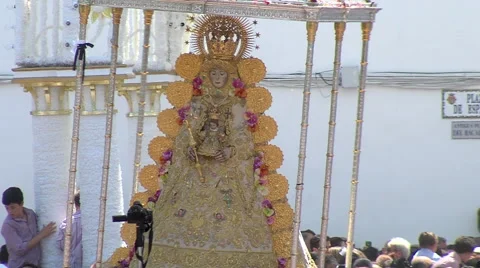 Virgin del Rocio procession through the streets of Almonte Stock Footage 44208487