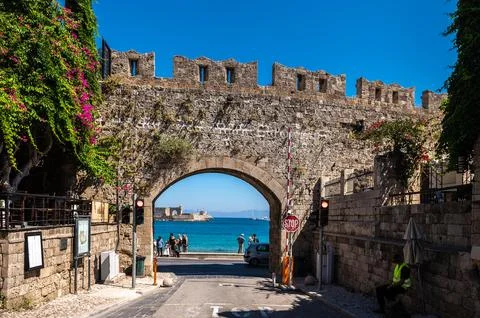Virgin Gate Framed View of the Sea in Old Town Rhodes, Greece Stock Photos