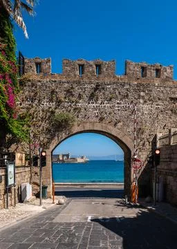 Virgin Gate Framed View of the Sea in Old Town Rhodes, Greece Stock Photos