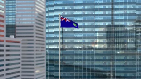 Virgin Islands UK Flag 3D Render Animation Waving Against Glass Office Build Video stock 333015729