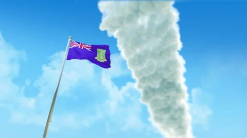Virgin Islands UK Flag 3D Render Animation on Pole with Fighter Jets Smoke T Stockbeeldmateriaal 333338026