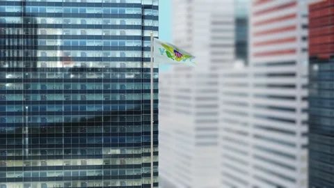 Virgin Islands US Flag 3D Render Animation on Pole with Modern City Building 動画素材 332313852