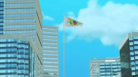 Virgin Islands US Flag 3D Render Animation with Urban Architecture and Clear Stock-Footage 332947385