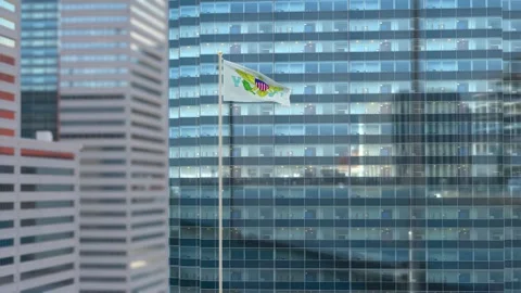 Virgin Islands US Flag 3D Render Animation Waving Against Glass Office Build Stock Footage 333025670