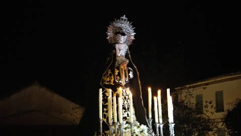 Virgin Mary Candlelit Procession at Night – Holy Week in Granada, Spain (4K) Stockbeeldmateriaal 307295907