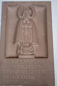 Virgin Mary Immaculate Conception religious stone carving in Tlajomulco, Mexico 库存照片