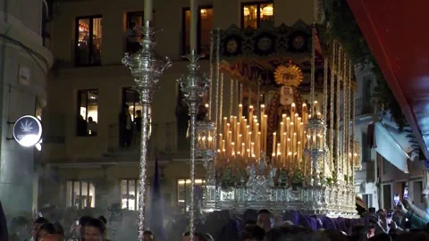 Virgin Mary Paso Moving Through Crowded Streets at Night Stock Footage 336025202