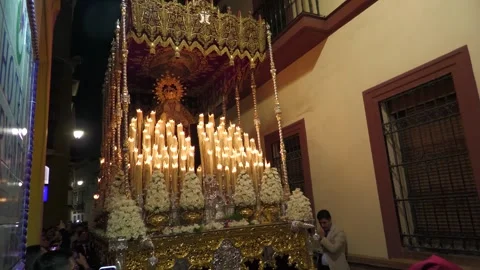 Virgin Mary Paso Moving Through Crowded Street During Semana Santa Stock Footage 336025205