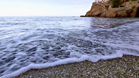 Virgin Mediterranean Beach Steady Cam Shot Flying Over Stock Footage