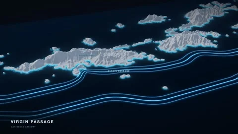 Virgin Passage 3D White Terrain Relief Map With Glowing Shipping Route 스톡 동영상 344017401