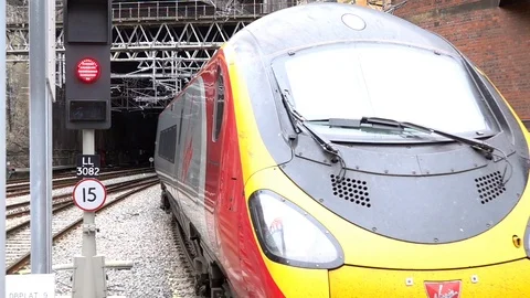 Virgin Pendolino Train pulling out of Liverpool Lime St Station Stock Footage 107995938