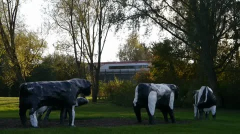 Virgin Train passes the Concrete Cows in Milton Keynes Stock Footage 8929247