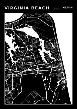 Virginia Beach Map Wall Art Frame, Cartography Map Print, City Layout Map Stock Illustration