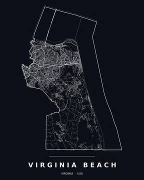 Virginia Beach VA Street Map Road Network Highways Dark Mode Editable Vector Stock Illustration