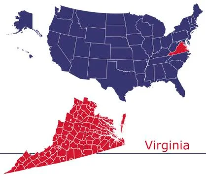 Virginia map counties vector with USA map Illustrazione stock